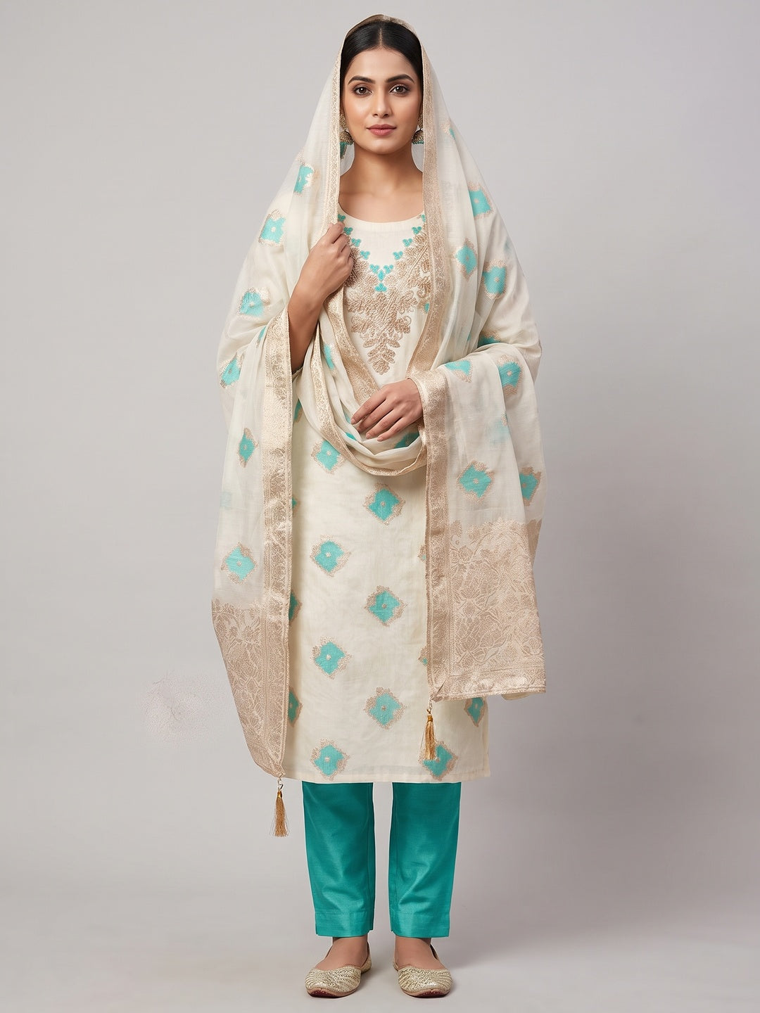 Peachmode Turquoise Cotton Dress Material with Ethnic Motifs - Image 2