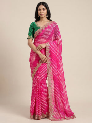 Peachmode Pink Georgette Leheriya Saree with Beads Cutwork Border - Image 1