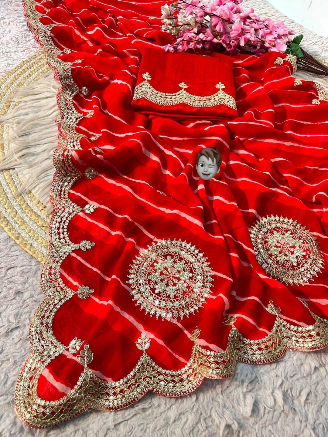 Peachmode Red Georgette Leheriya Saree with Foil Gota Cutwork Border - Image 5