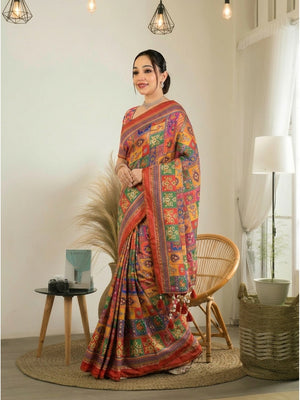 Peachmode Red Satin Crepe Ajrakh Print Saree with Real Mirror Work and Diamond Latkan - Image 2