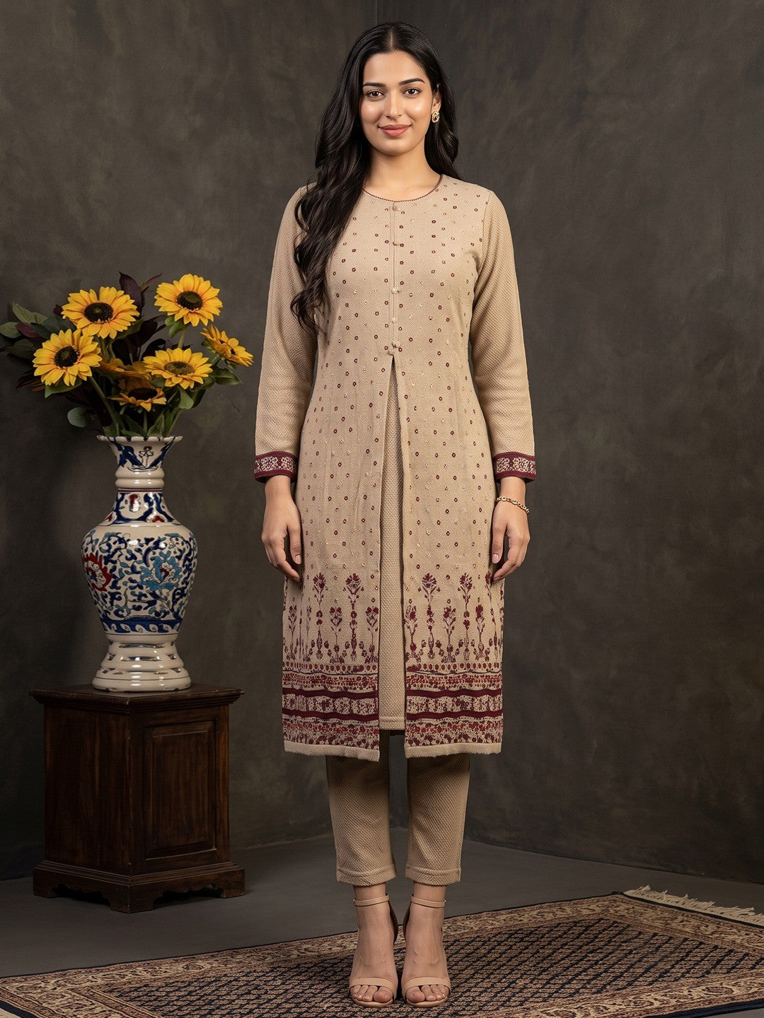 Elegant Beige Woolen Straight Kurti with Shrug for Cozy Winter Comfort - Image 1