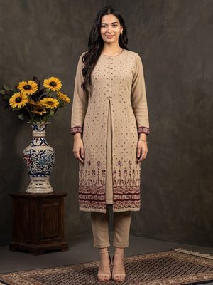 Elegant Beige Woolen Straight Kurti with Shrug for Cozy Winter Comfort - Image 1