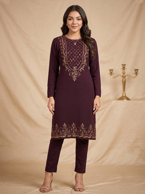Elegant Dark Mauve Woolen Straight Kurti for Cozy Winter Wear - Image 1