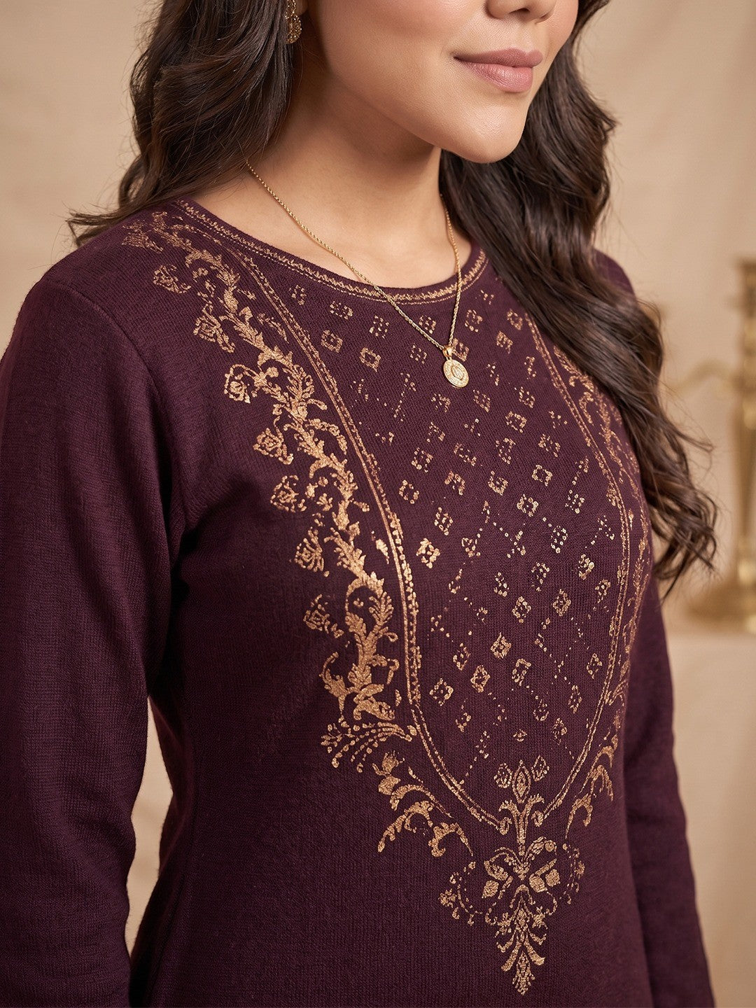 Elegant Dark Mauve Woolen Straight Kurti for Cozy Winter Wear - Image 3