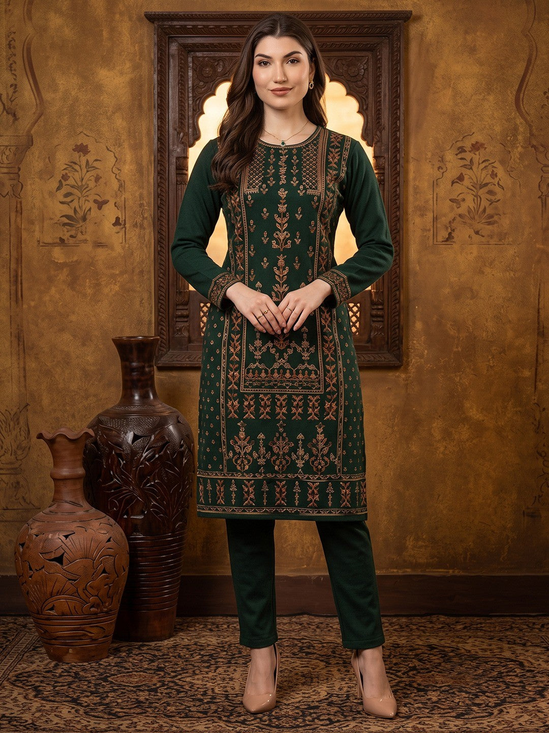 Elegant Bottle Green Woolen Straight Kurti for Cozy Winter Comfort - Image 1