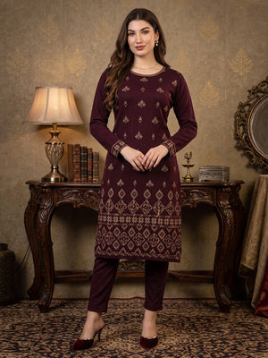 Elegant Dark Mauve Woolen Straight Kurti for Cozy Winter Comfort - Image 1