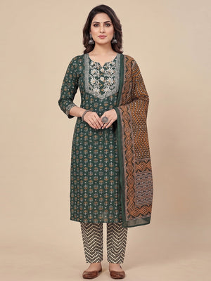 Elegant Green Pure Cotton Printed Salwar Suit Set for Women - Image 1