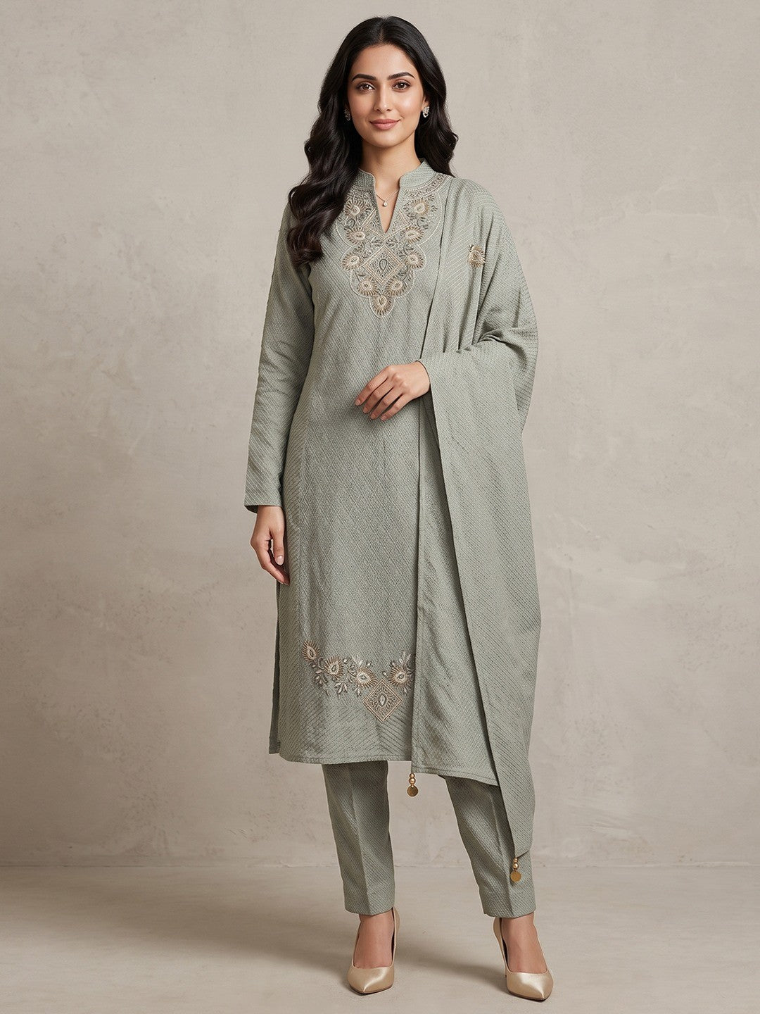 Pista Green Woven Woolen Suit Set Designed in Straight Cut Style for Effortless Grace - Image 1