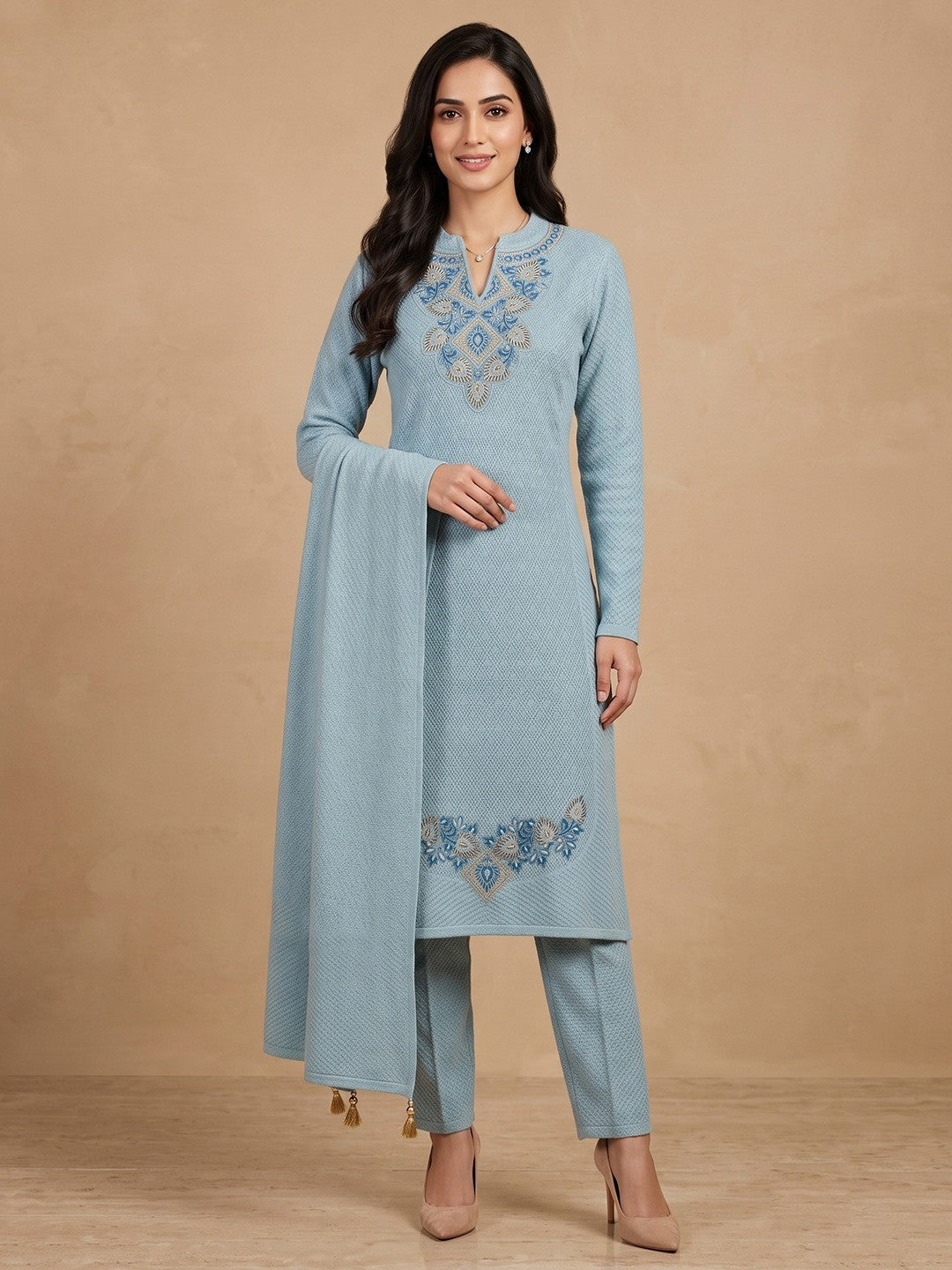 Sky Blue Woven Woolen Suit Set Designed in Straight Cut Style for Effortless Grace - Image 1