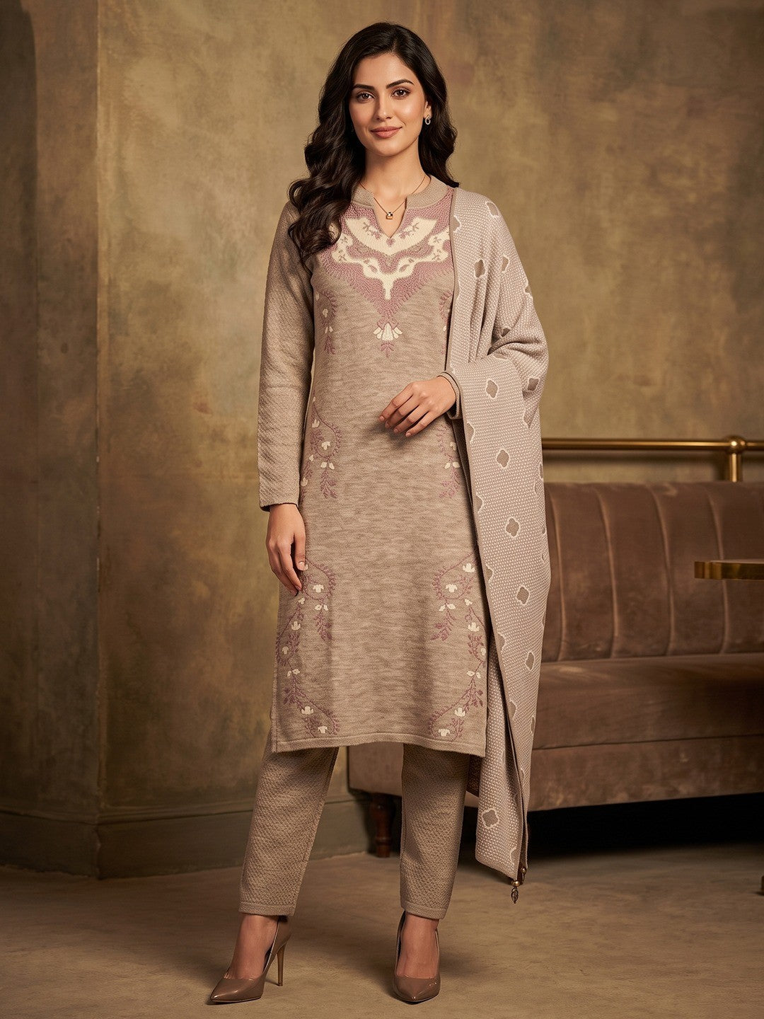 Grey Woven Wool Salwar Suit Designed for Stylish and Comfortable Winter Fashion - Image 1