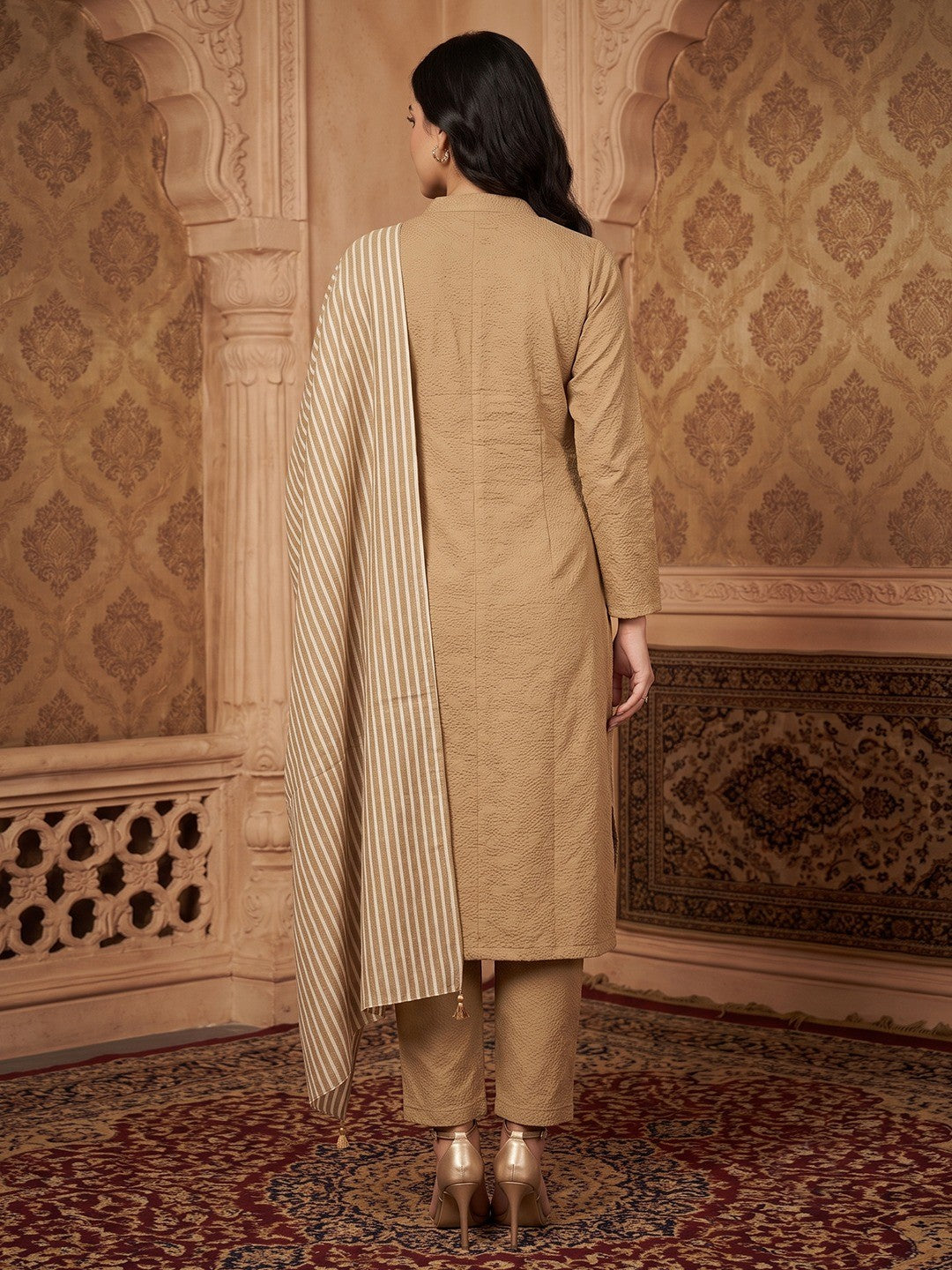 Beige Woven Woolen Suit Set Designed in Straight Cut Style for Effortless Grace - Image 2