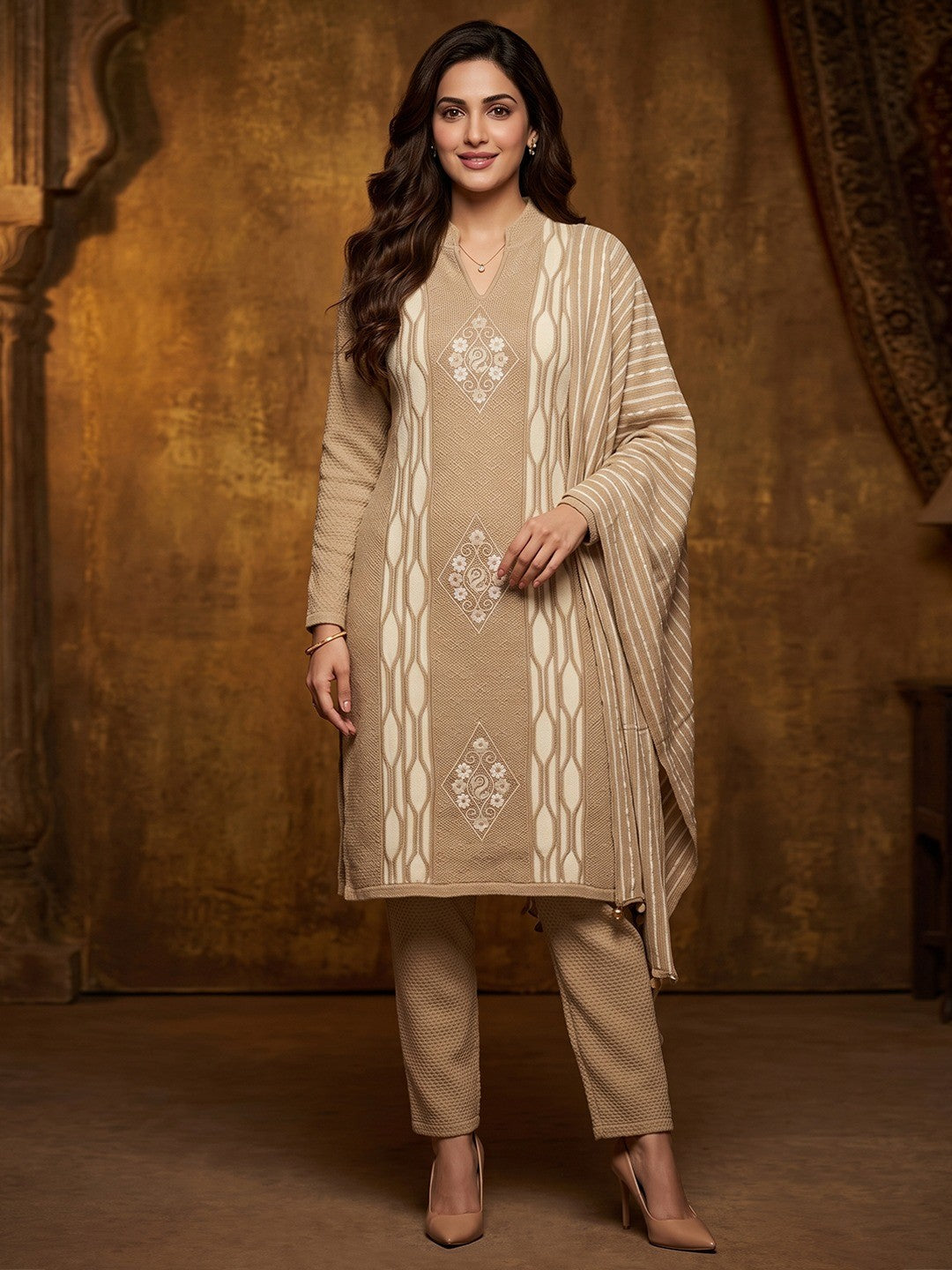 Camel Brown Woolen Salwar Suit Featuring Fine Woven Texture and Straight Cut Design - Image 1
