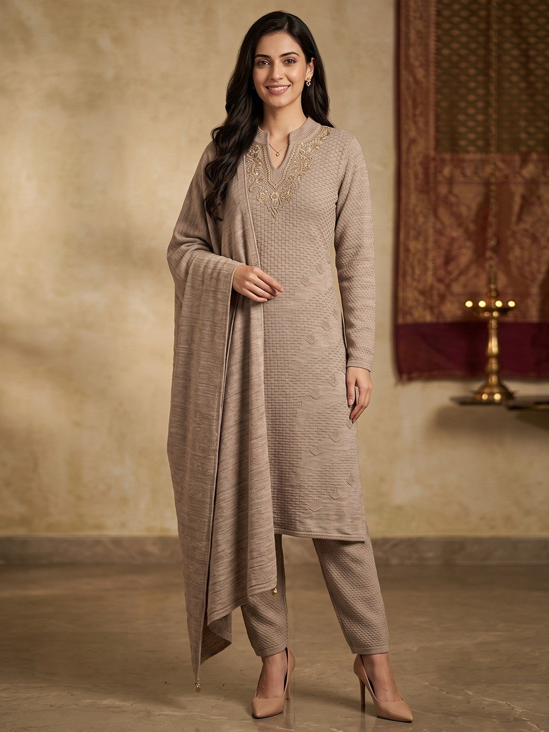 Beautiful Beige Woven Woolen Suit Set Designed in Straight Cut Style for Effortless Grace - Image 1