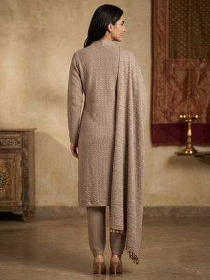 Beautiful Beige Woven Woolen Suit Set Designed in Straight Cut Style for Effortless Grace - Image 2