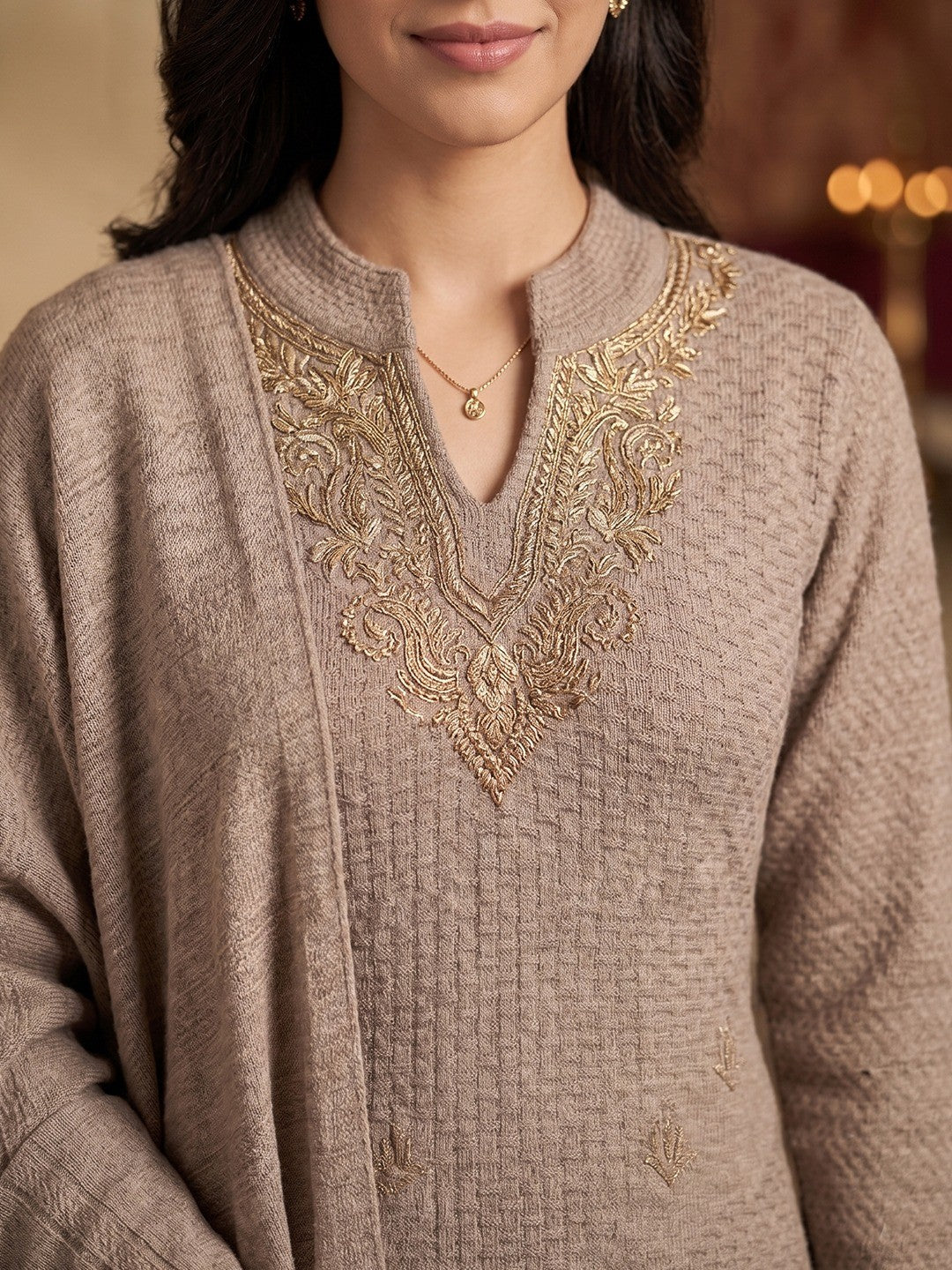 Beautiful Beige Woven Woolen Suit Set Designed in Straight Cut Style for Effortless Grace - Image 3