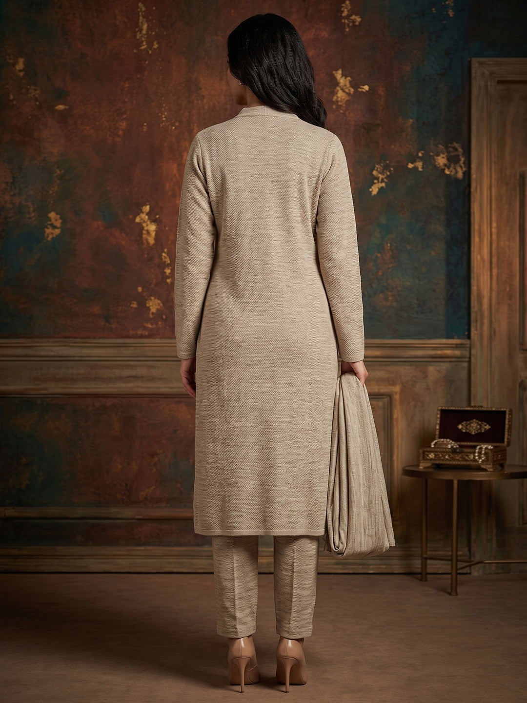 Cream Woolen Straight Cut Salwar Suit with Subtle Woven Detailing for Comfortable Wear - Image 2
