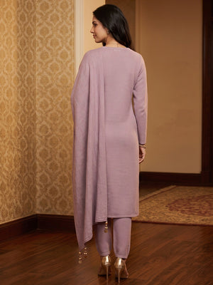 Pink Woolen Straight Cut Salwar Suit with Subtle Woven Detailing for Comfortable Wear - Image 2