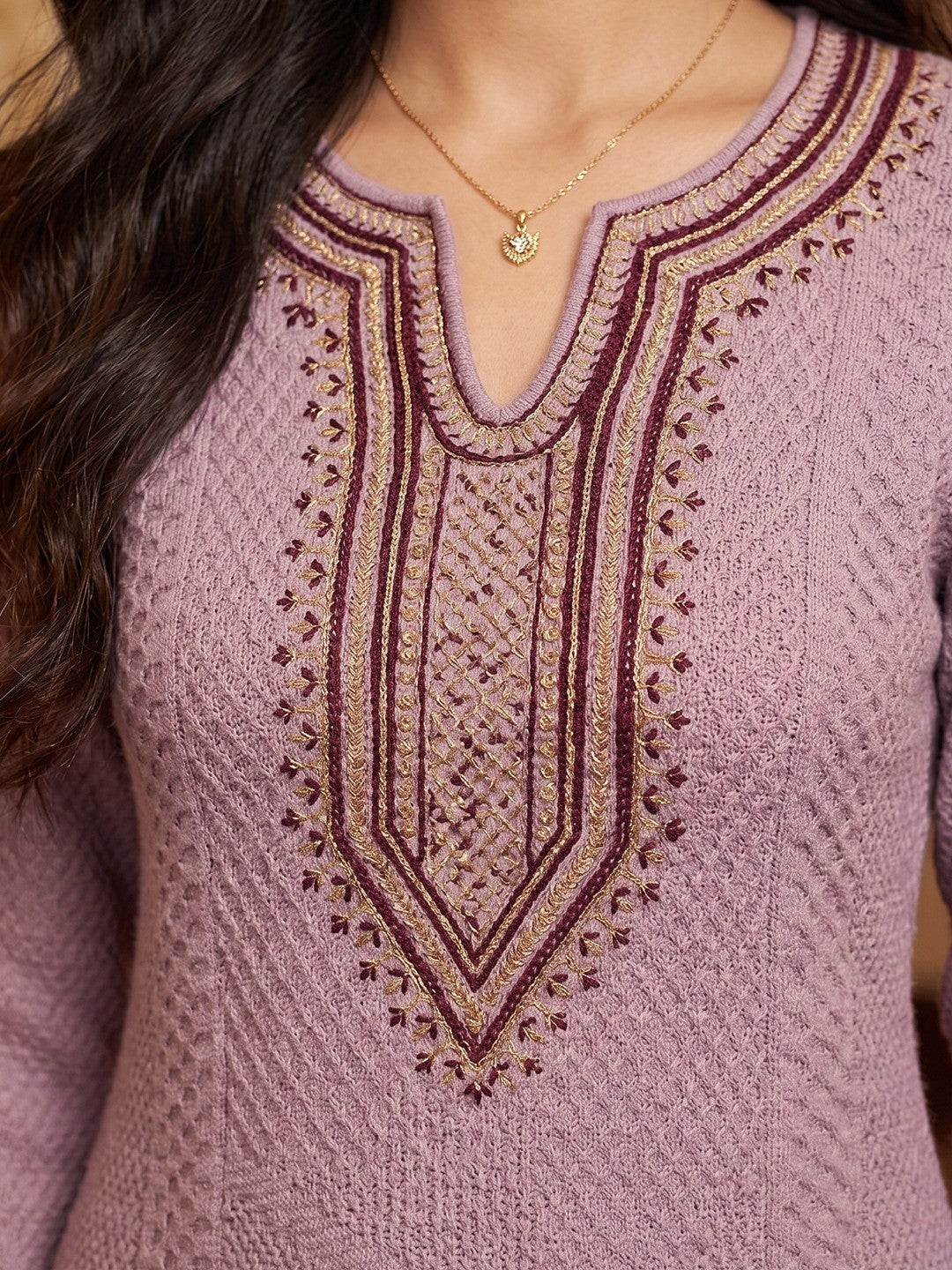 Pink Woolen Straight Cut Salwar Suit with Subtle Woven Detailing for Comfortable Wear - Image 3