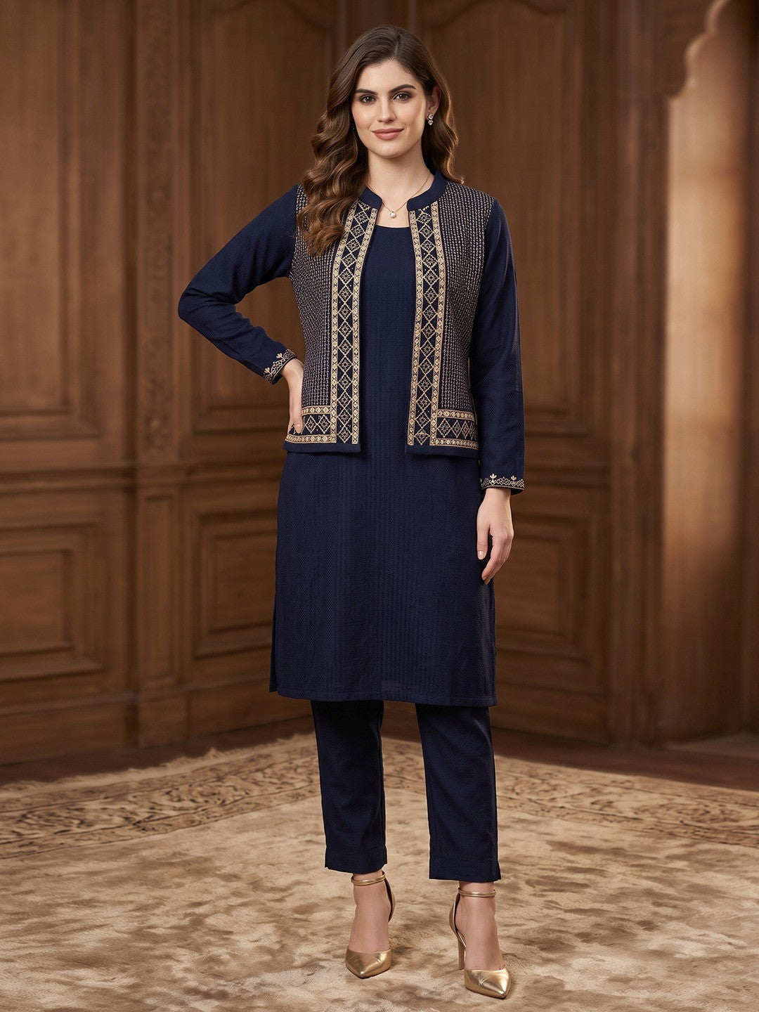 Elegant Navy Blue Woolen Straight Kurti with Waist Coat for Cozy Winter Wear - Image 1
