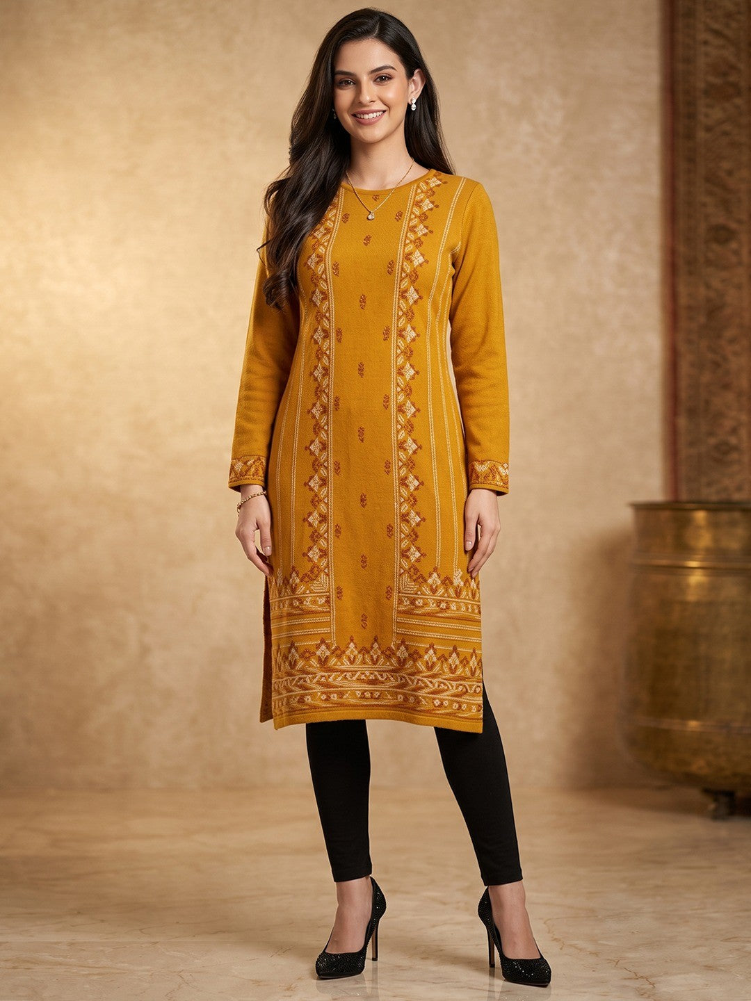 Elegant Mustard Woolen Straight Kurti for Cozy Winter Comfort - Image 1