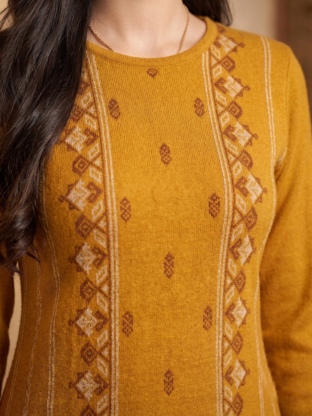 Elegant Mustard Woolen Straight Kurti for Cozy Winter Comfort - Image 3