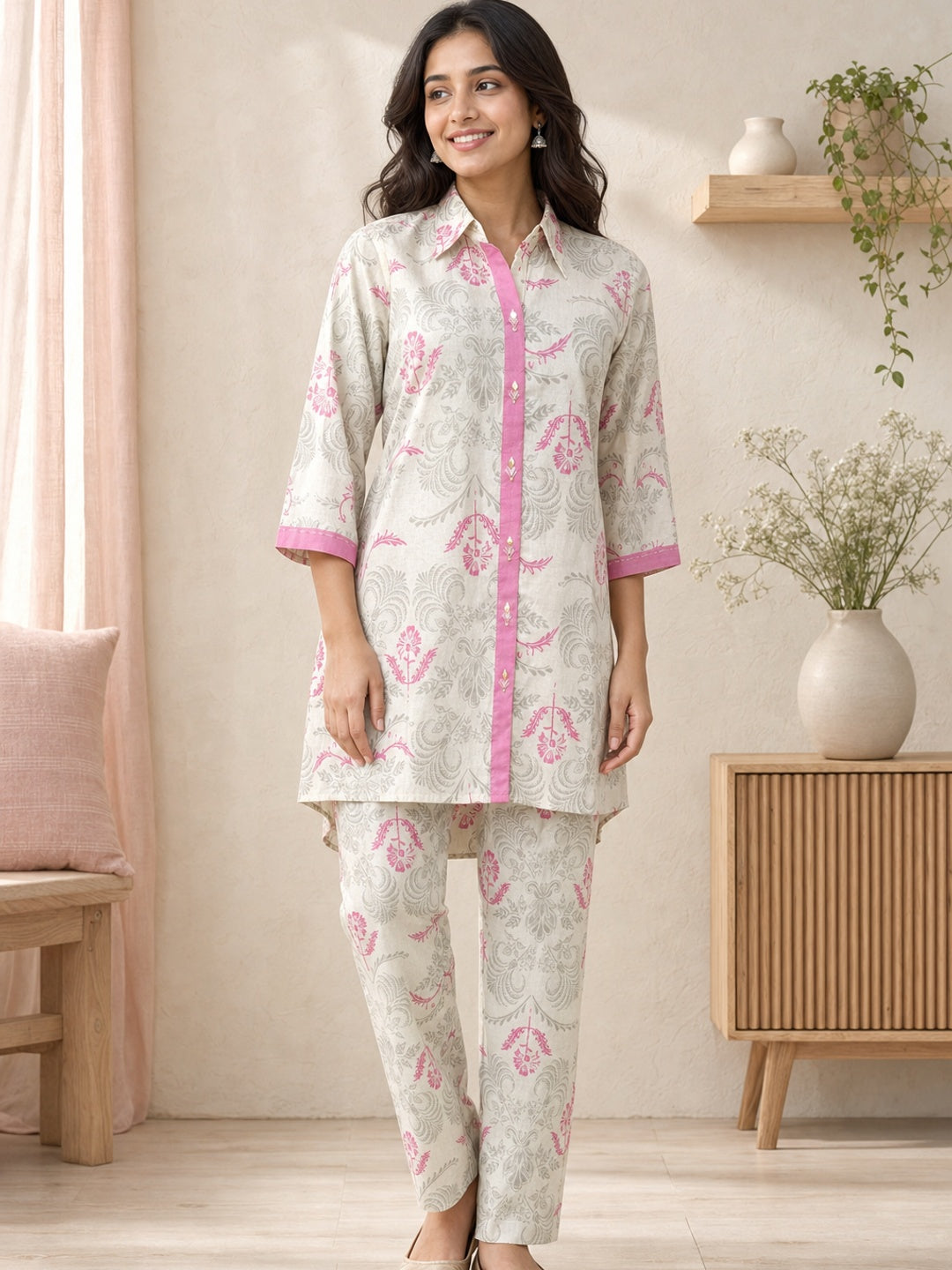 Pink Cotton Flex Floral Printed Top Bottom Set - Image 1