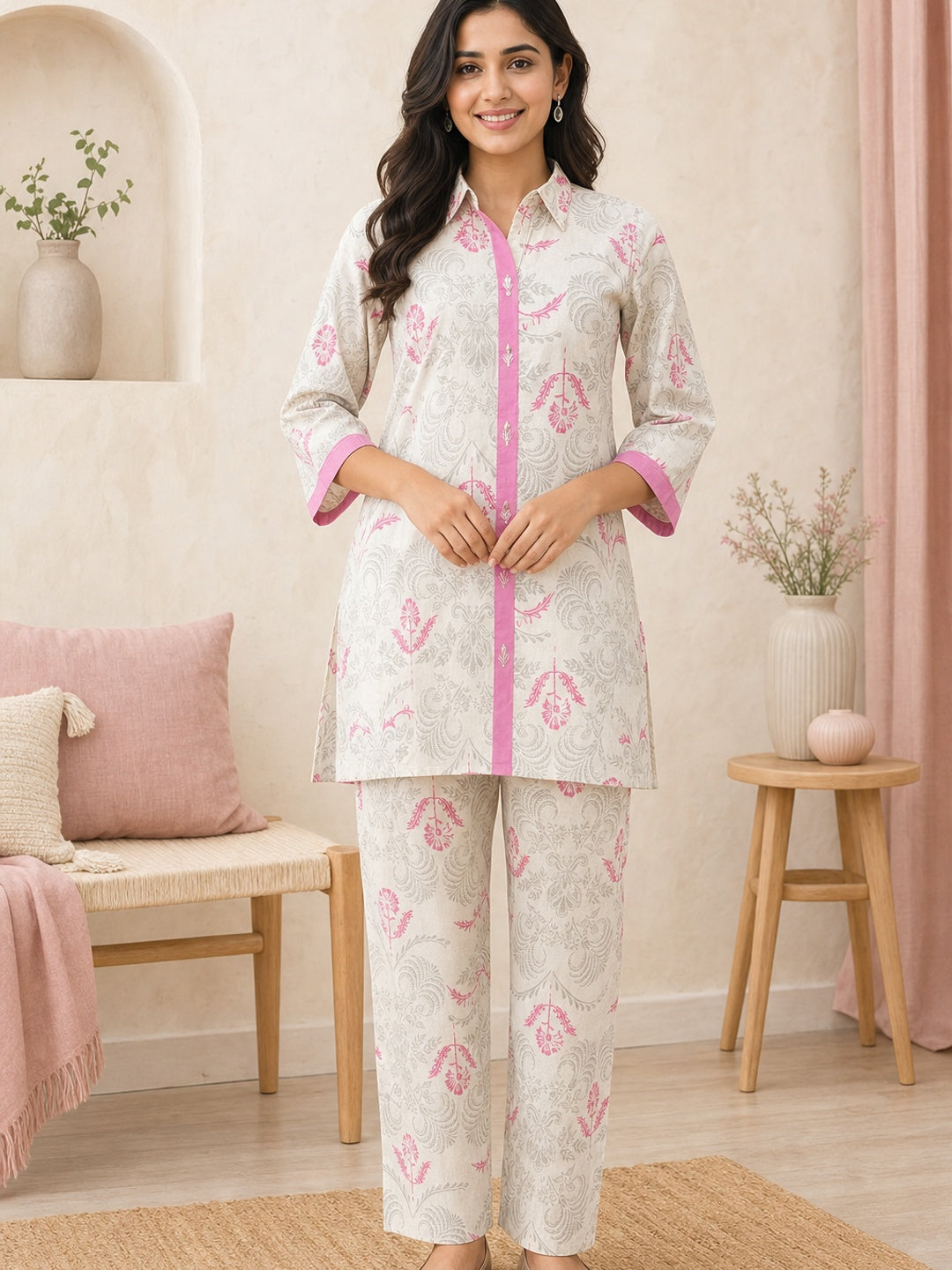Pink Cotton Flex Floral Printed Top Bottom Set - Image 2