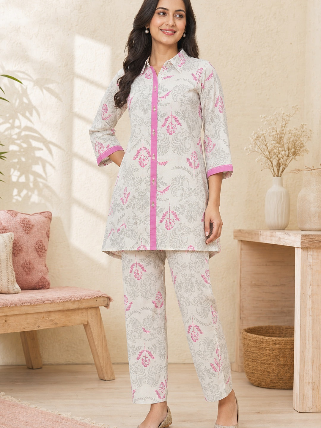 Pink Cotton Flex Floral Printed Top Bottom Set - Image 3