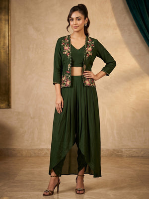 Elegant Green Chinon Top Bottom Set with Floral Embroidery Shrug - Image 1