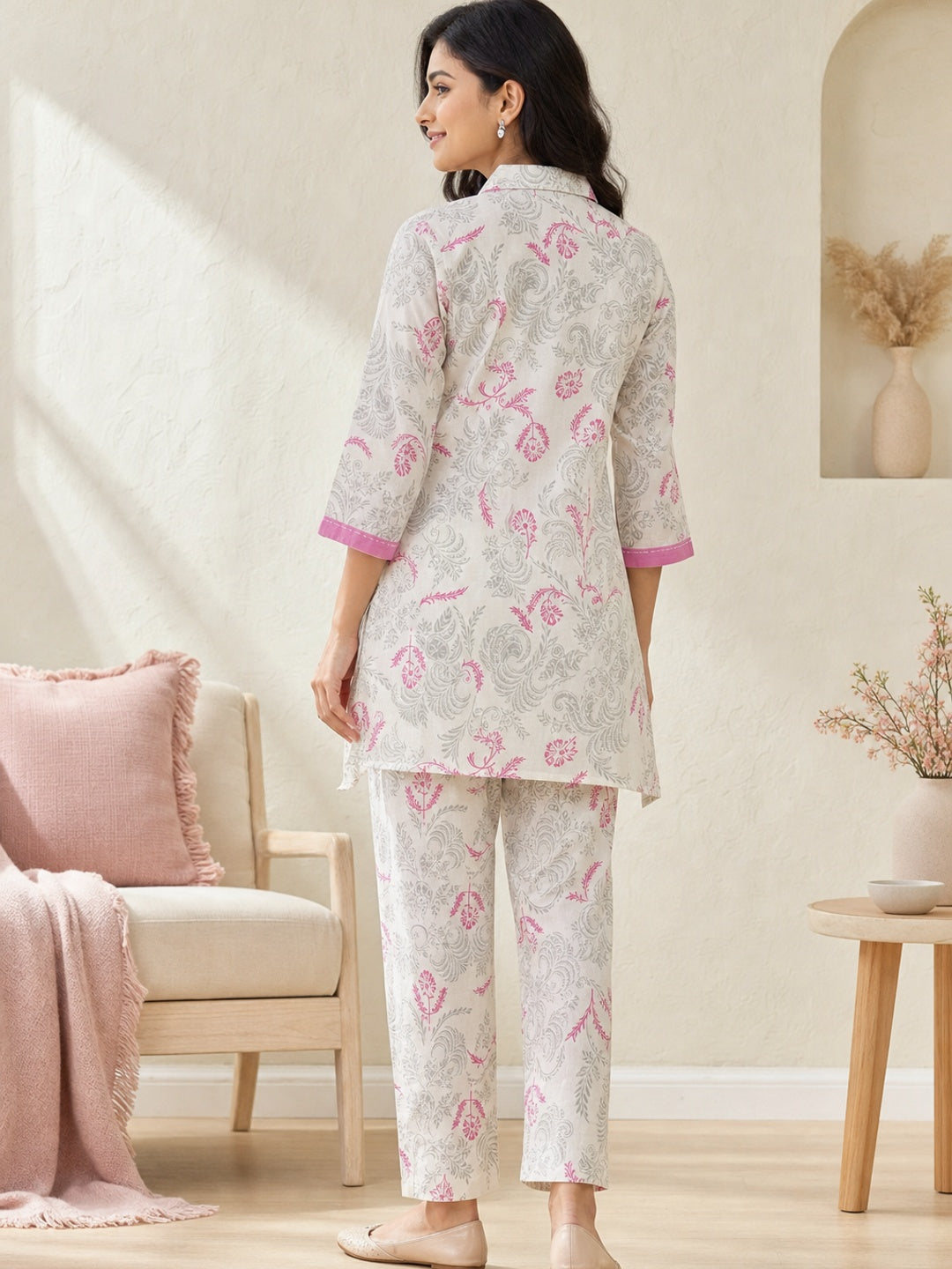 Pink Cotton Flex Floral Printed Top Bottom Set - Image 4