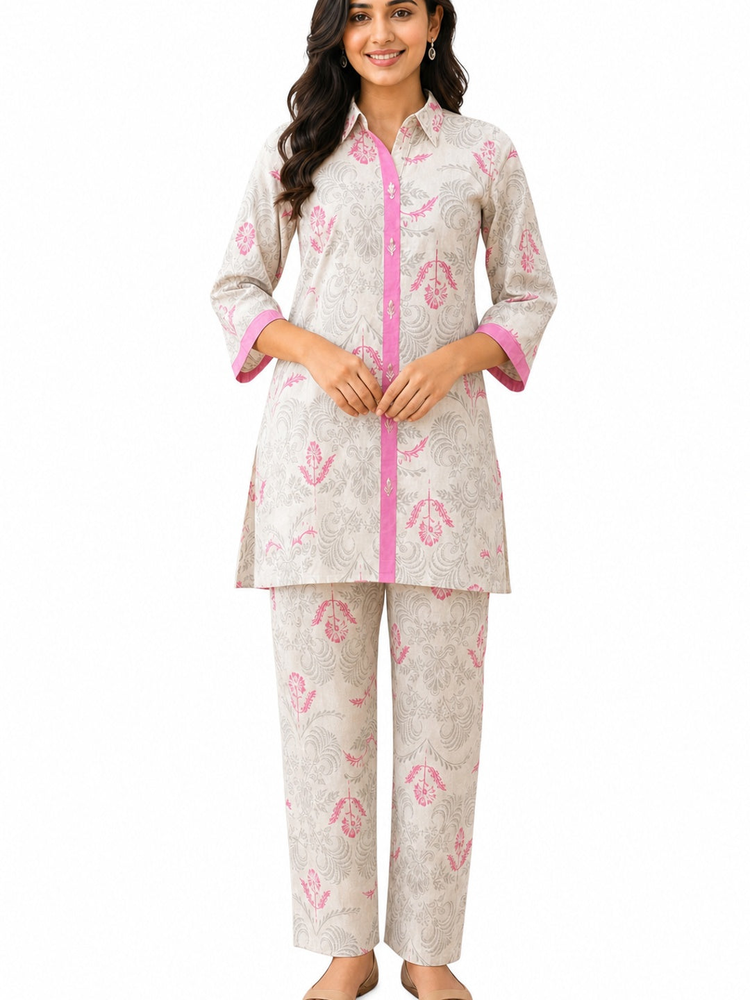 Pink Cotton Flex Floral Printed Top Bottom Set - Image 5