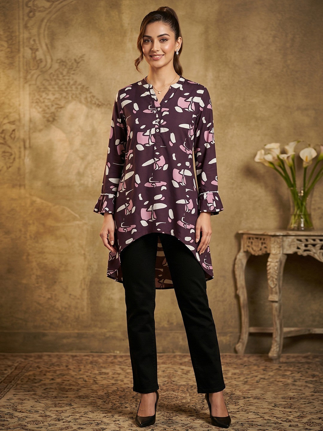 Wine Printed Rayon Hight Low Cut A-Line Top - Image 4