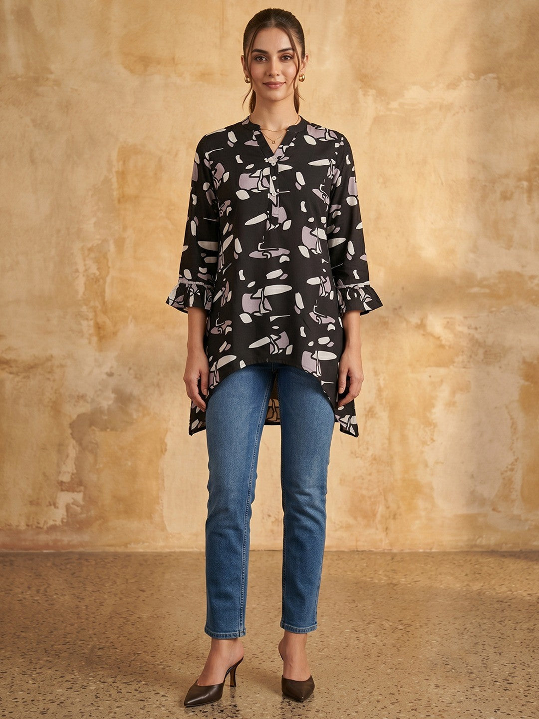 Black Printed Rayon Hight Low Cut A-Line Top - Image 4