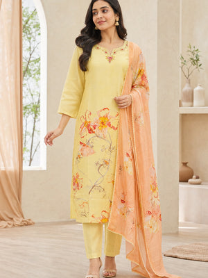 Yellow Muslin Floral Embellished Salwar Suit Set - Image 1