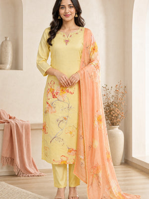 Yellow Muslin Floral Embellished Salwar Suit Set - Image 2