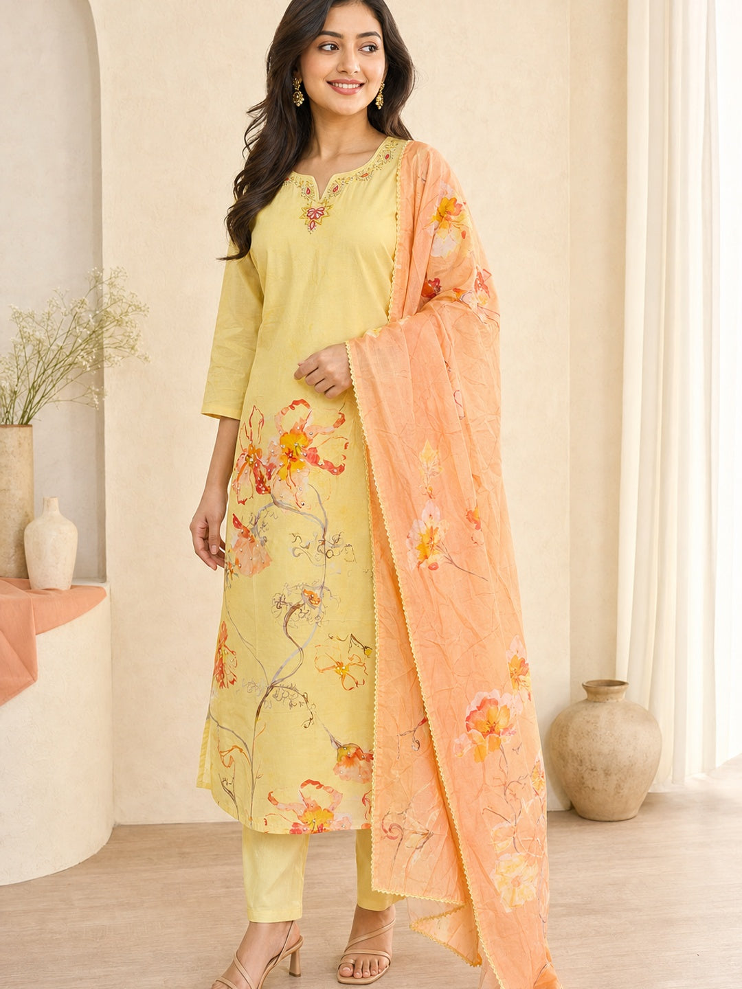Yellow Muslin Floral Embellished Salwar Suit Set - Image 3