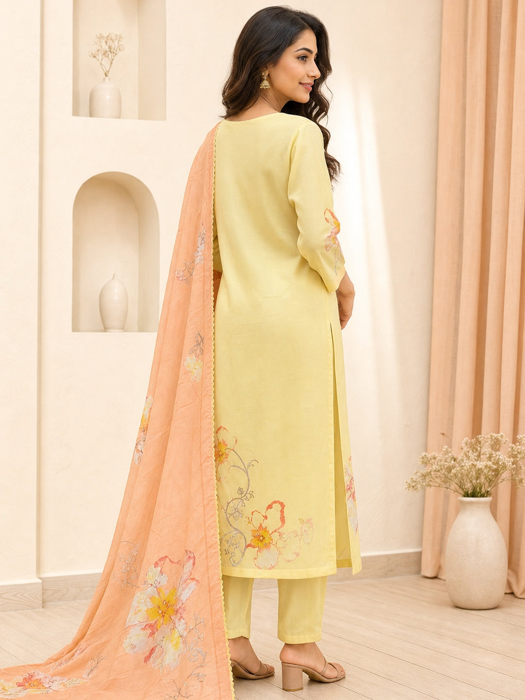 Yellow Muslin Floral Embellished Salwar Suit Set - Image 4