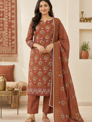 Rust Pure Cotton Printed Salwar Suit Set - Image 2