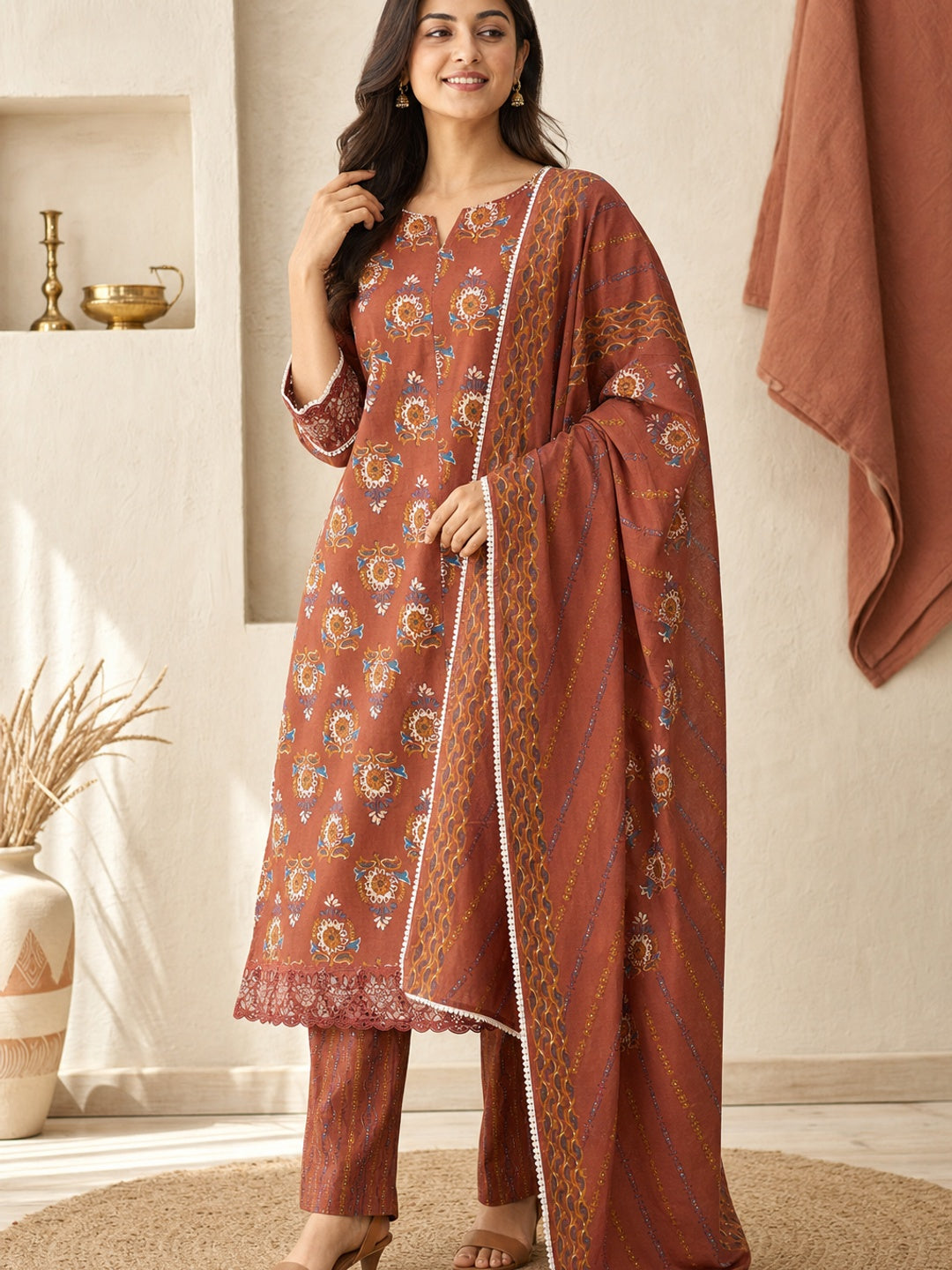 Rust Pure Cotton Printed Salwar Suit Set - Image 3