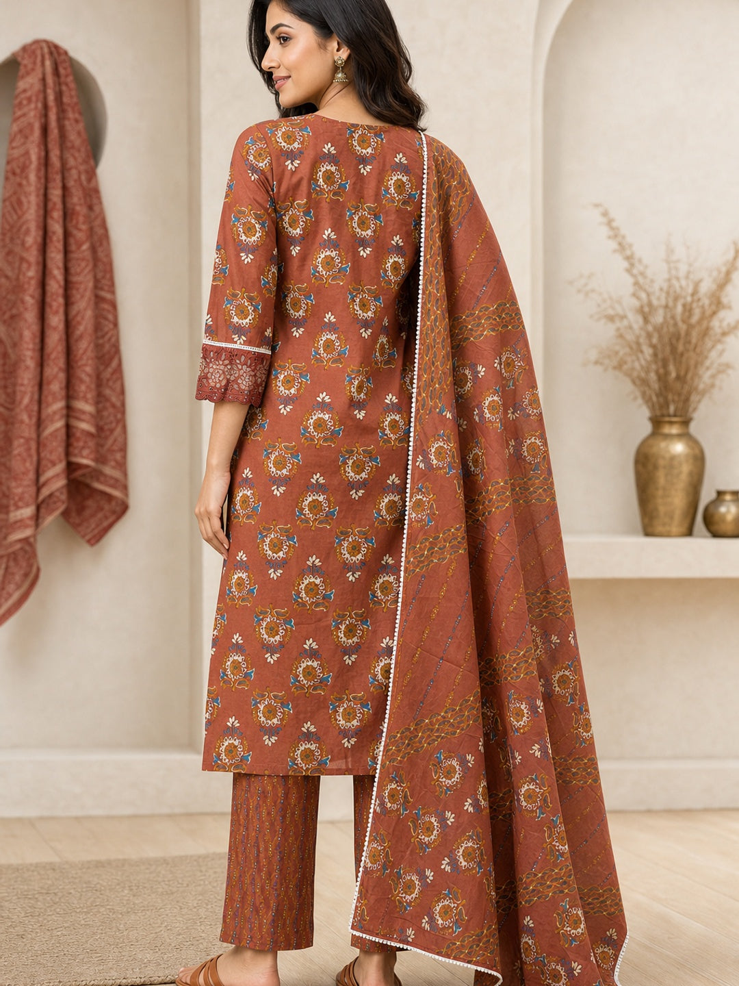 Rust Pure Cotton Printed Salwar Suit Set - Image 4