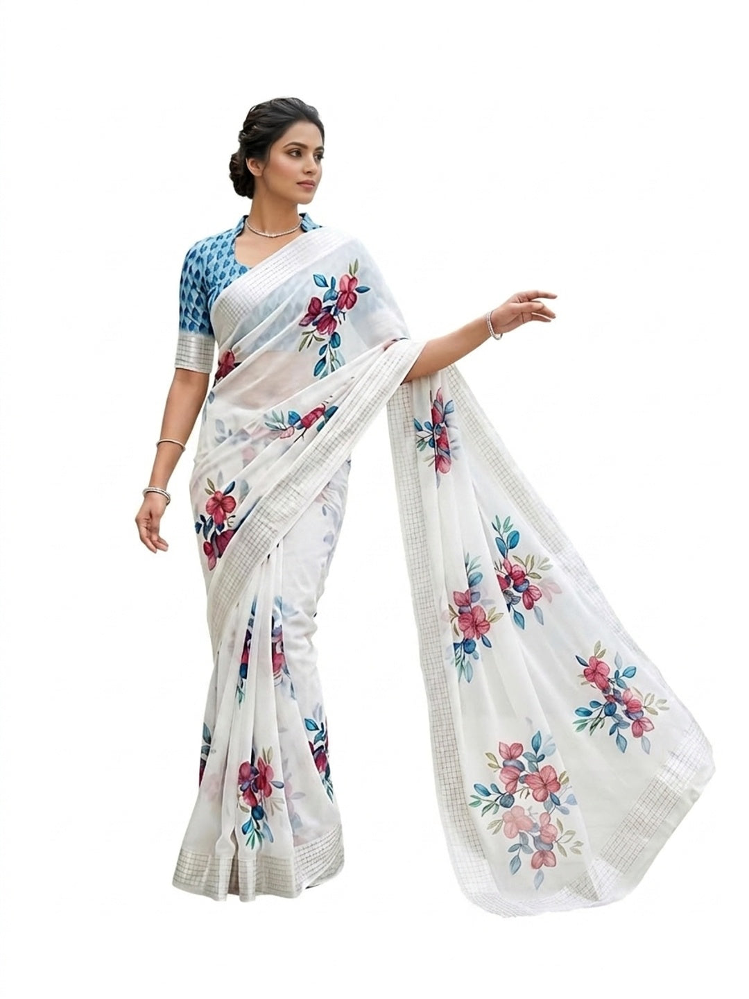 Peachmode White Georgette Chiffon Saree with Pink Teal Floral Print - Image 4
