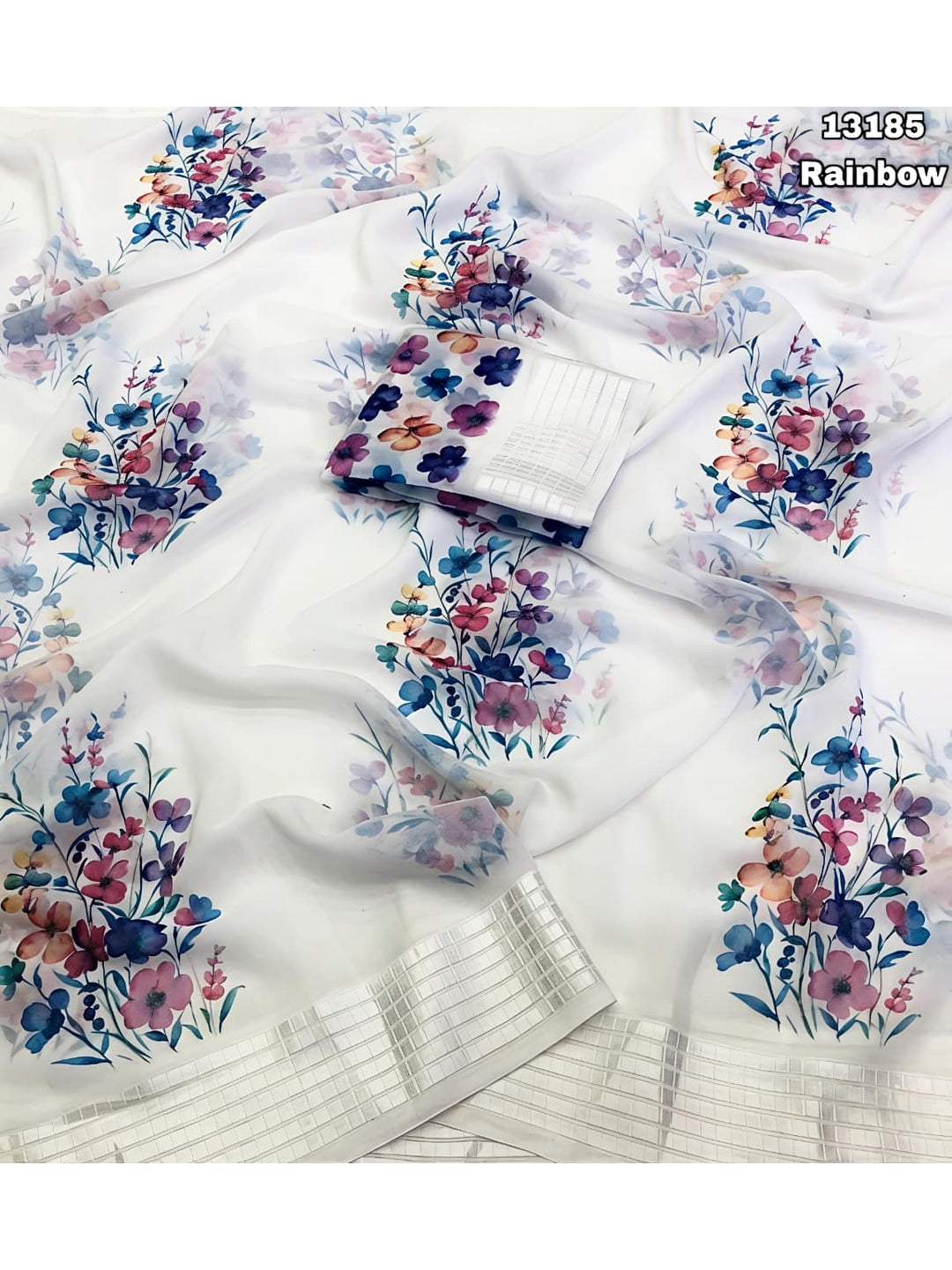 Peachmode White Georgette Chiffon Saree with Blue Pink Floral Print - Image 2