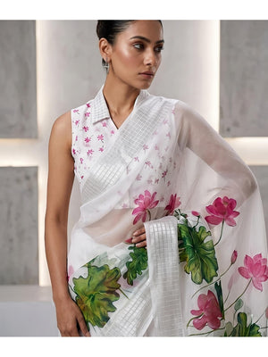 Peachmode White Georgette Chiffon Saree with Lotus Floral Print - Image 1