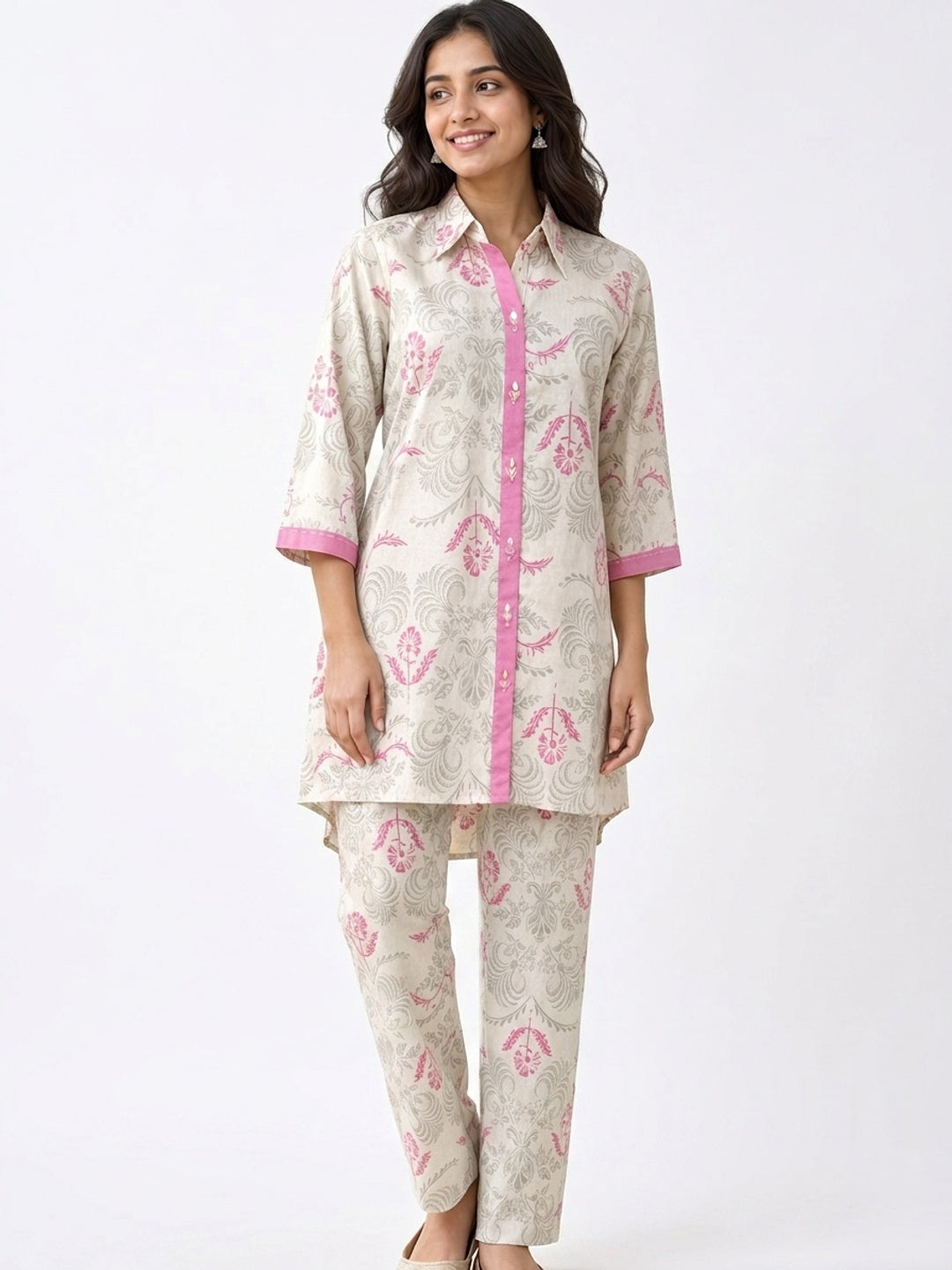 Pink Cotton Flex Floral Printed Top Bottom Set - Image 6