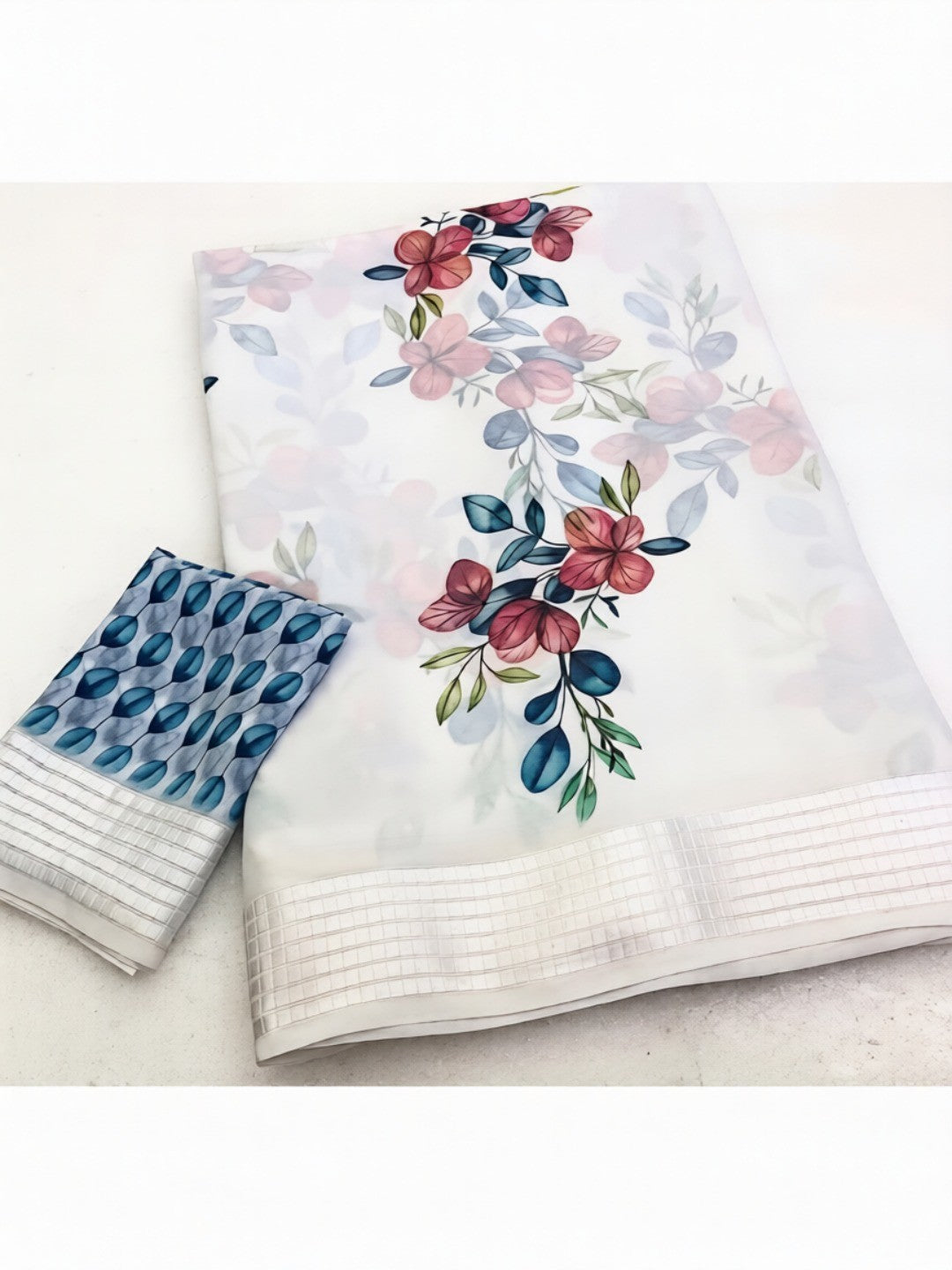 Peachmode White Georgette Chiffon Saree with Pink Teal Floral Print - Image 2