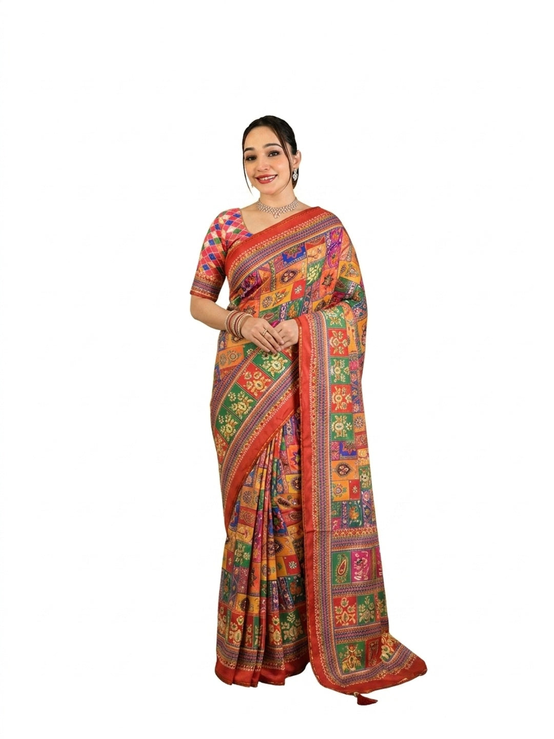 Peachmode Red Satin Crepe Ajrakh Print Saree with Real Mirror Work and Diamond Latkan - Image 9