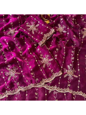 Peachmode Magenta Satin Embroidered Saree - Image 2