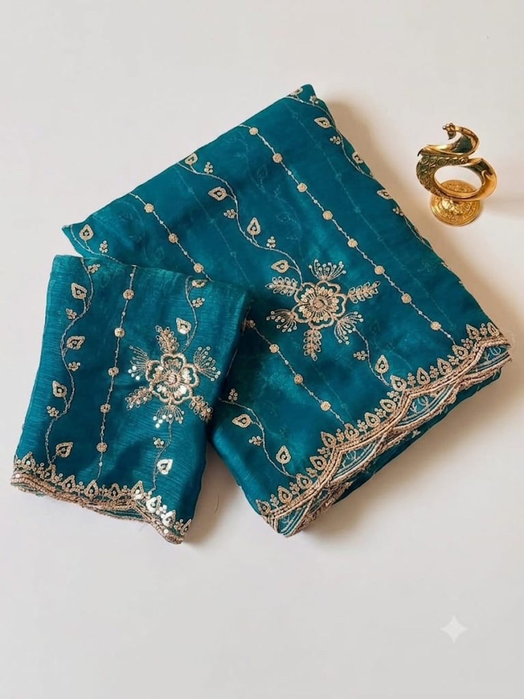 Peachmode Blue Satin Embroidered Saree - Image 3
