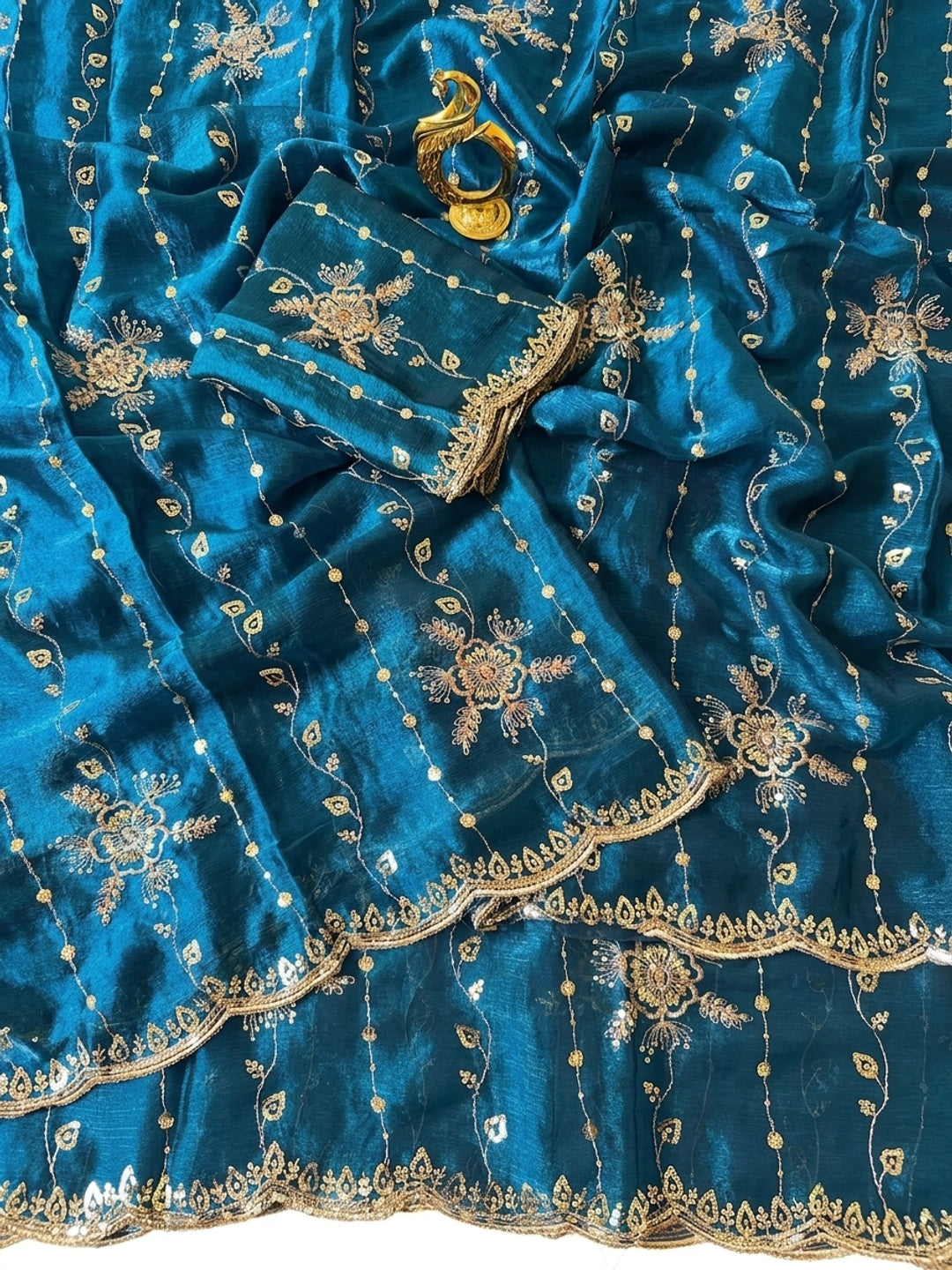 Peachmode Blue Satin Embroidered Saree - Image 5