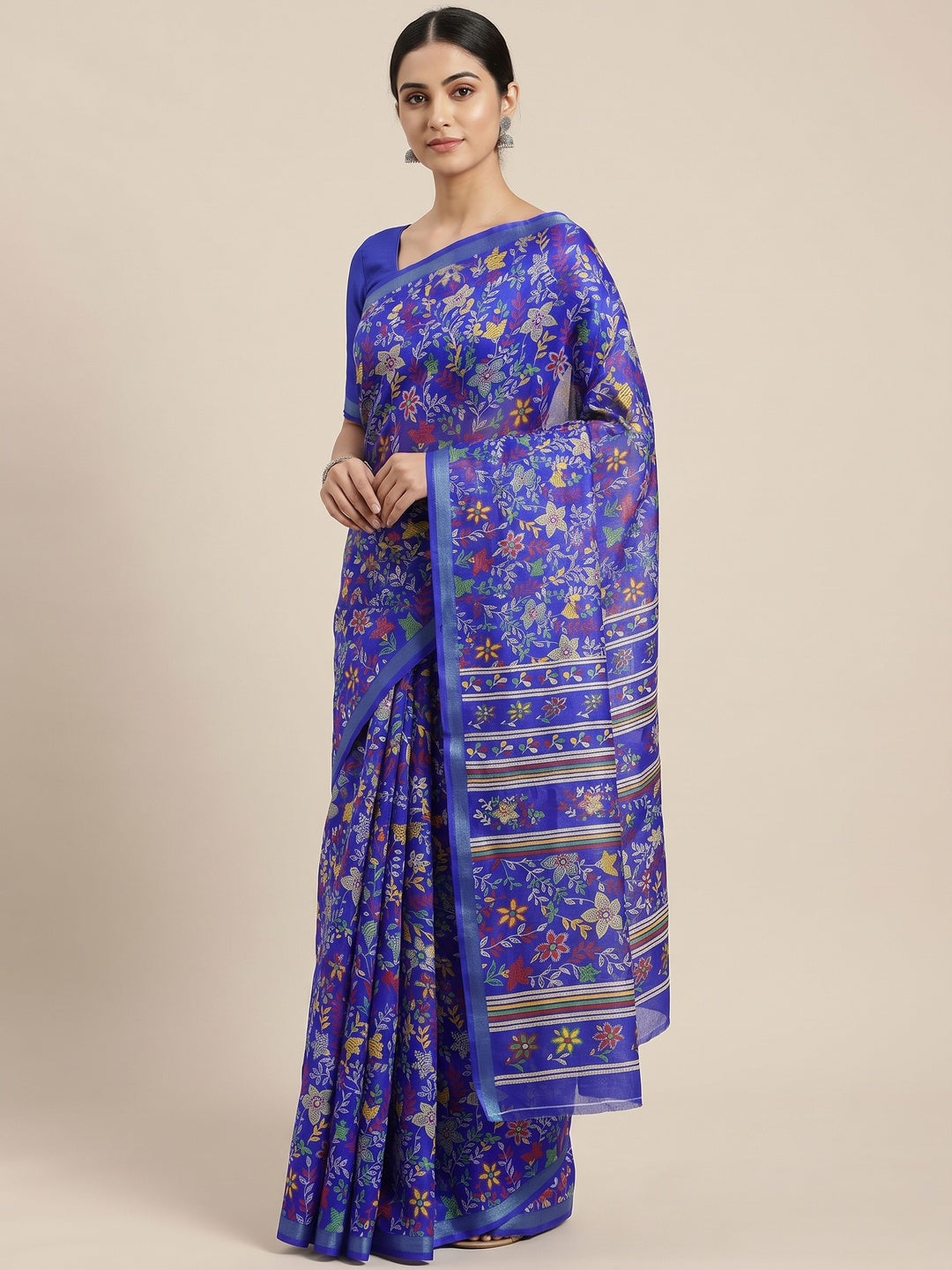 Peachmode Blue Mul Cotton Floral Printed Saree - Image 1